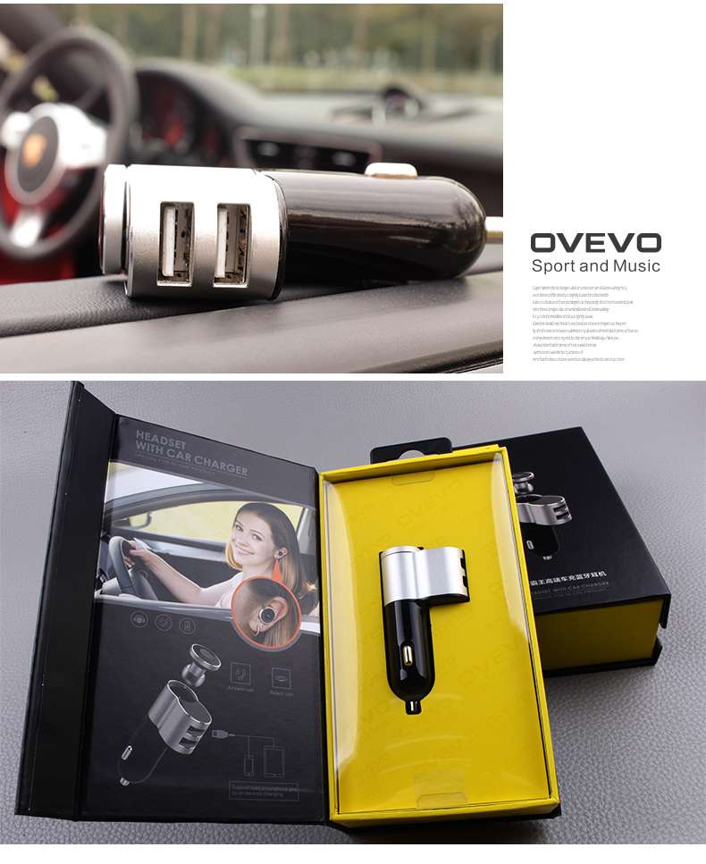 OVEVO Q10 Car Charger With Bluetooth Earbud &2USB Ports 3RAFOTY STORE